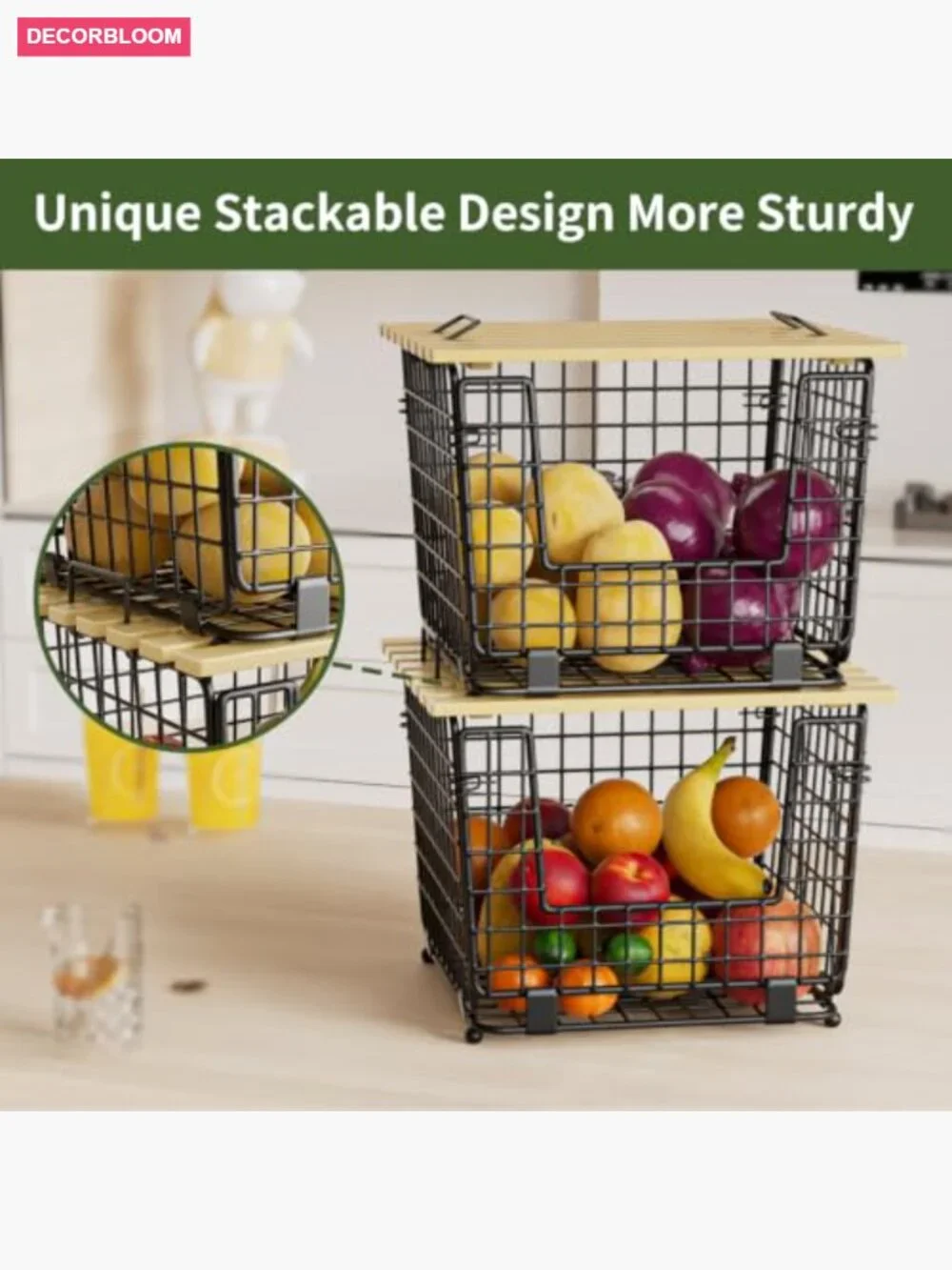 Stackable Wire Storage Baskets for Kitchen Pantry Counter Organizer - 2 Pack